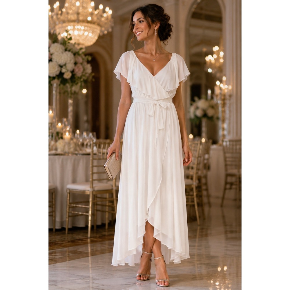 Baltic Born Womens White Wrap Midi Dress Flutter Sleeve Chiffon Lined S Wedding